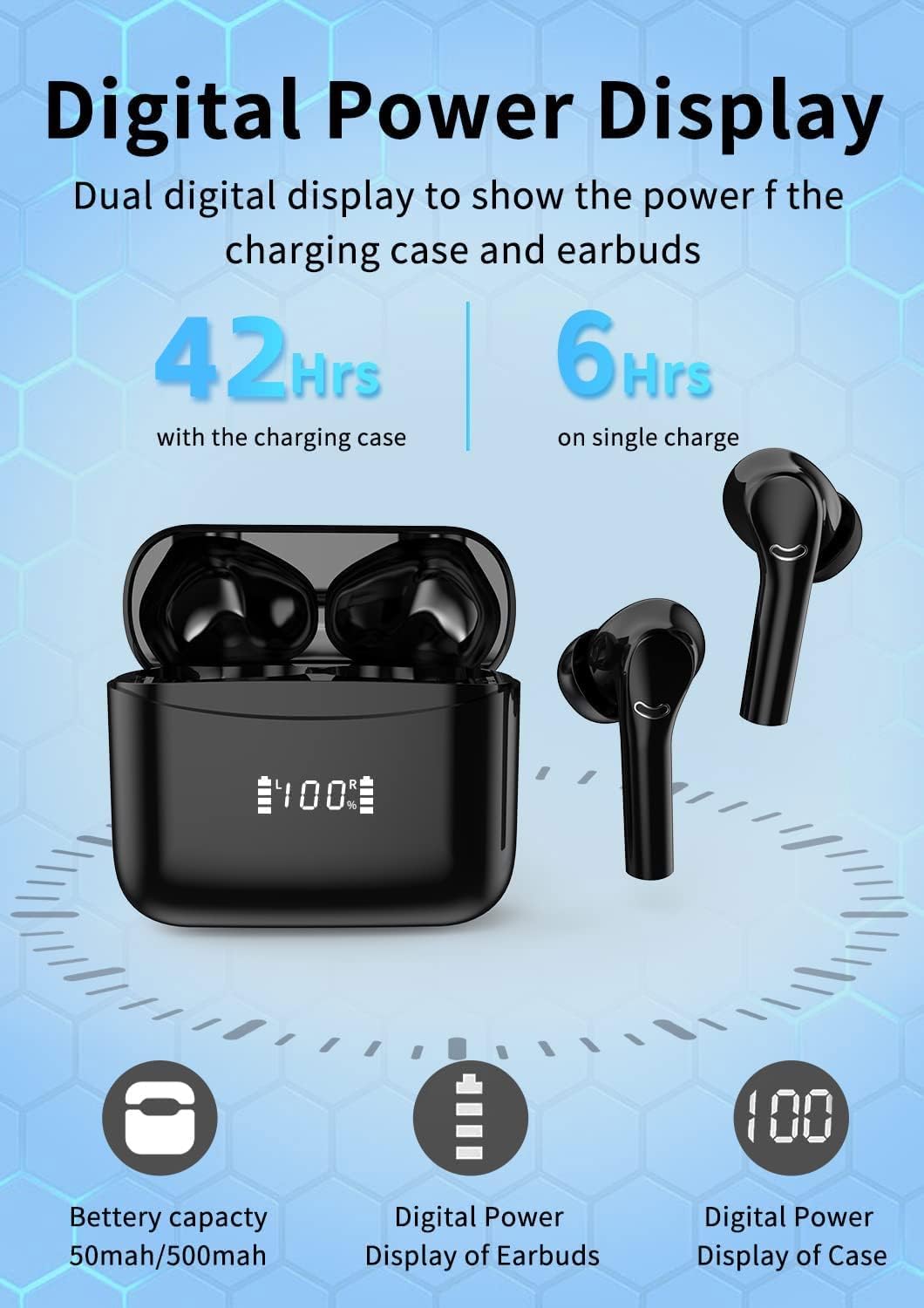 Wireless Earbuds Bluetooth 5.3 - Noise Cancelling, LED Power Display, IPX6 Waterproof Stereo MINI Earphones with