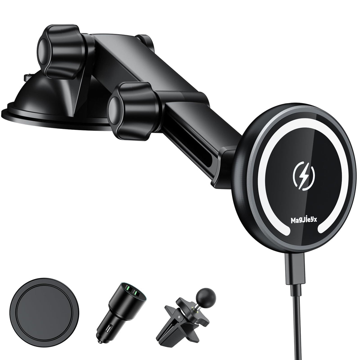 MAGJIEYX for Magnetic Magsafe Car Mount Charger, Wireless Car Charger with QC3.0 Adapter(38W Max) Phone Holder Fits iPhone17/16/15/14/13Plus/MagSafe