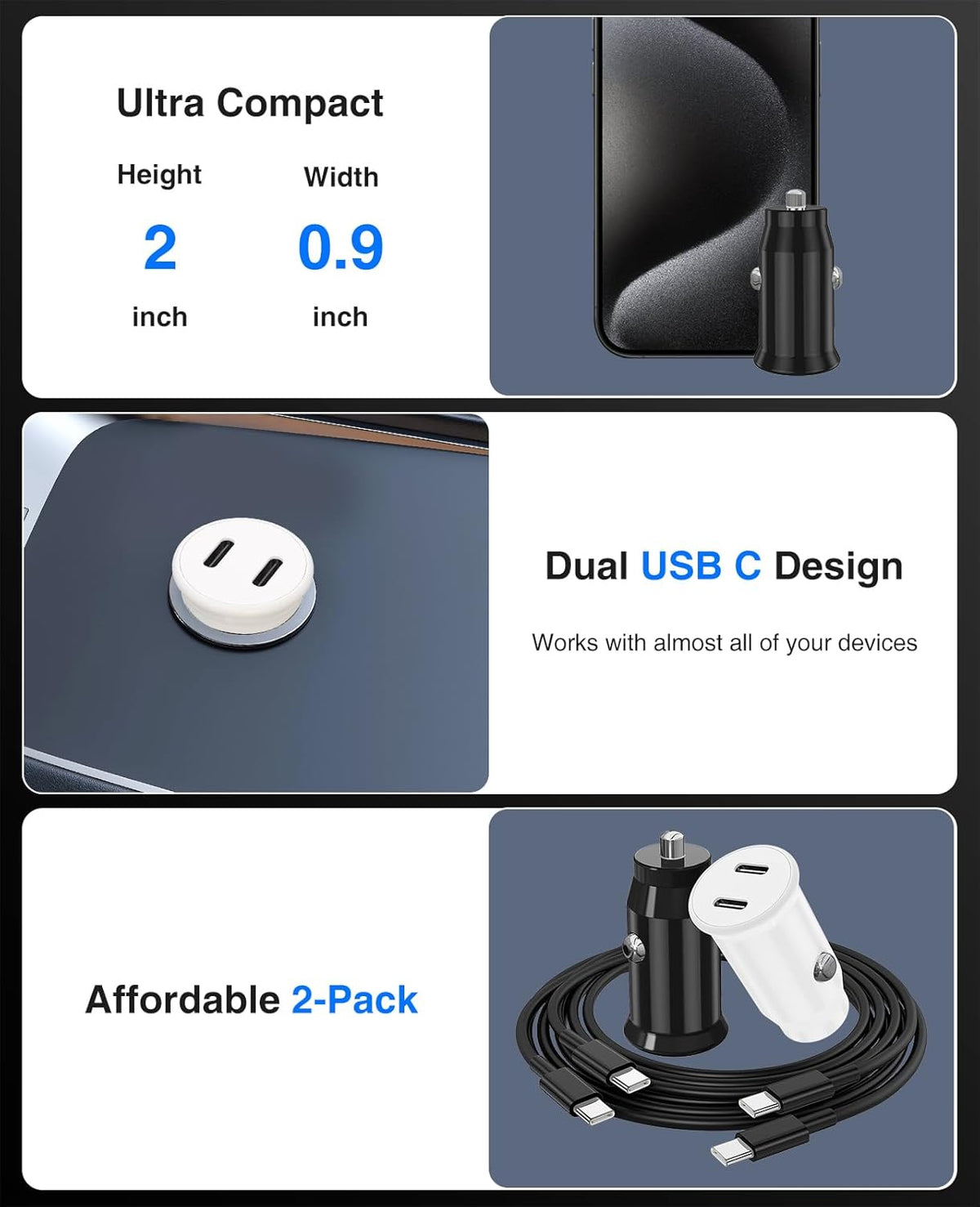 USB C Car Charger for iPhone 15 Pro/15 Pro Max/15 Plus, [MFi Certified] Dual 40W Fast Charging Adapter with 3FT USB C
