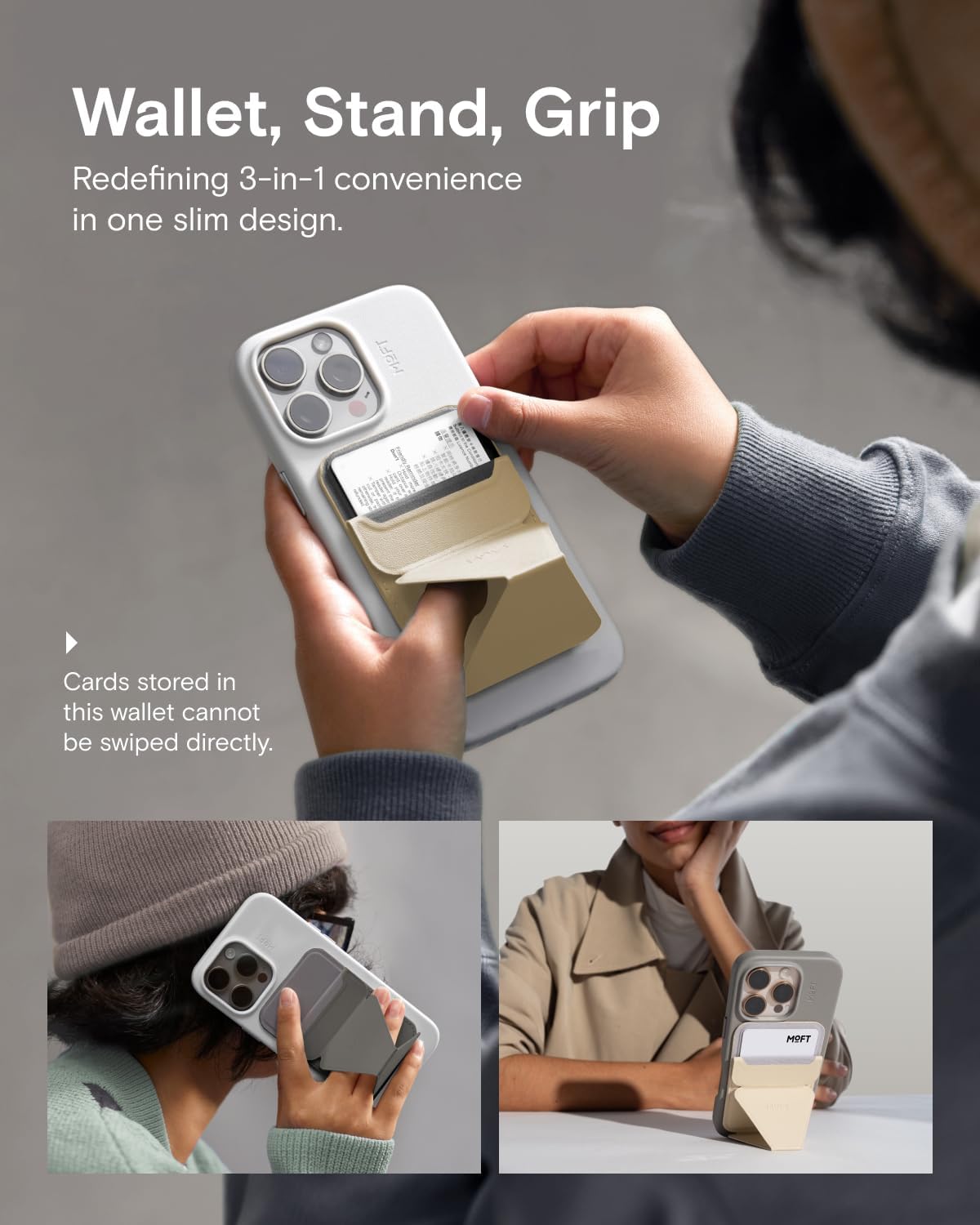 MOFT Magnetic Wallet Stand Compatible with iPhone 16/15/14/13/12 Series, Angle Adjustment & Magsafe Compatible MOVAS Phone Stand,Taupe