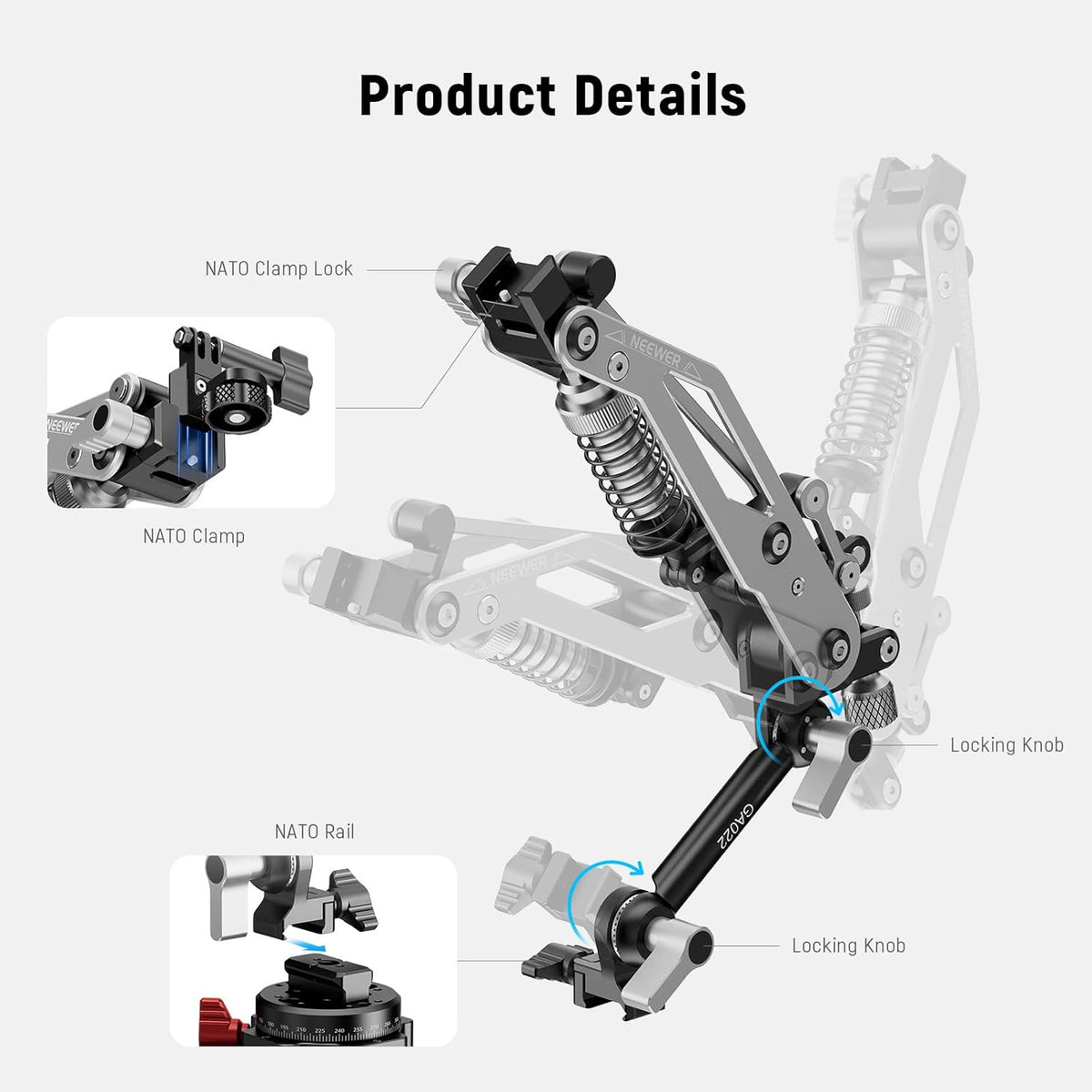 NEEWER Vacuum Suction Cup Car Mount for Action Camera with Hydraulic Boom Arm, NATO Rail, Compatible with DJI Osmo Pocket 3 Insts360 X5 X4 X3 GoPro Hero Adapter Mobile Phone Holder, 500 g Max Load