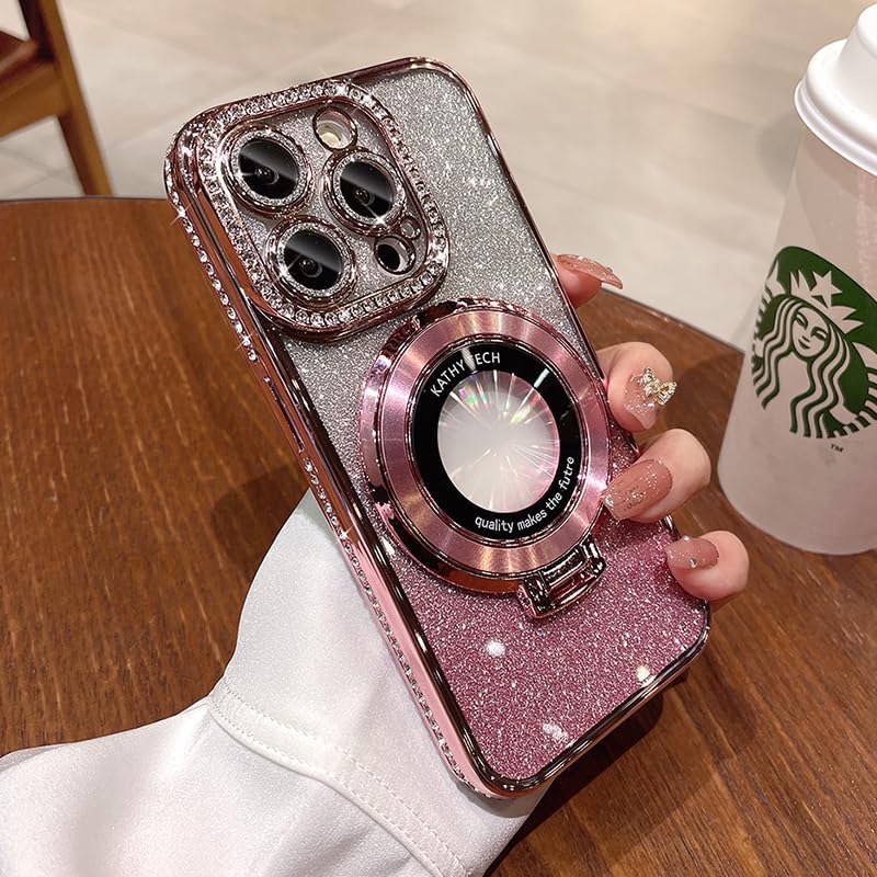 Magnetic Kickstand (Glitter Lens Protector ) Case for IPhone 15 14 13 12 Pro Max (Compatible with Magsafe ) Sparkling Diamond Cover Glitter Shiny Rhinestone Cases (Pink,for iPhone 13)