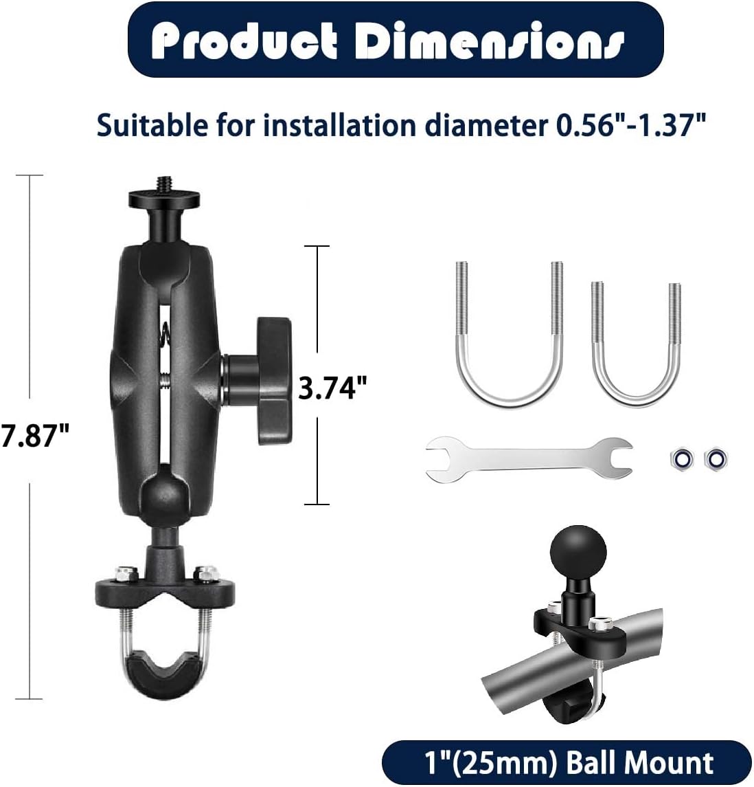 Motorcycle Camera Mount for GoPro, Handlebars Mount 1"/25mm Ball Compatible with RAM Mounts B Size