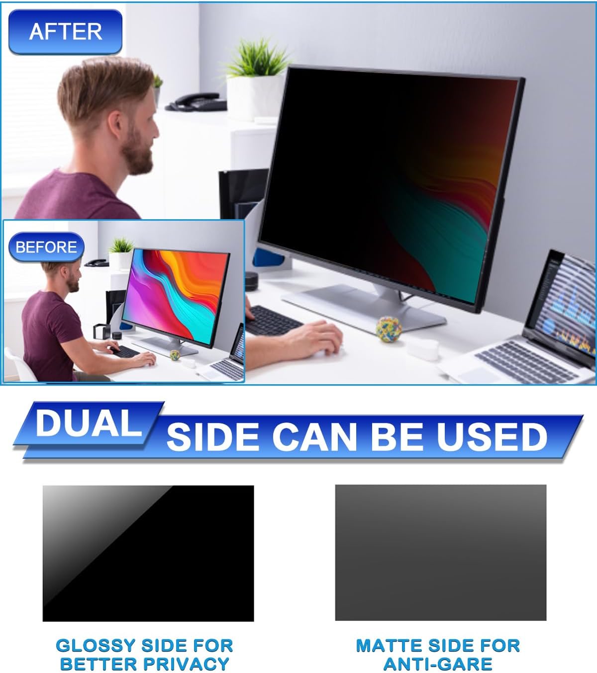 FILMEXT 32 inch Privacy Screen Filter for 16:9 Computer Widescreen Monitor, Removable 32 in Anti Blue Light Anti Glare Anti Spy Privacy Filter Shield-(27 5/8×15 5/8)