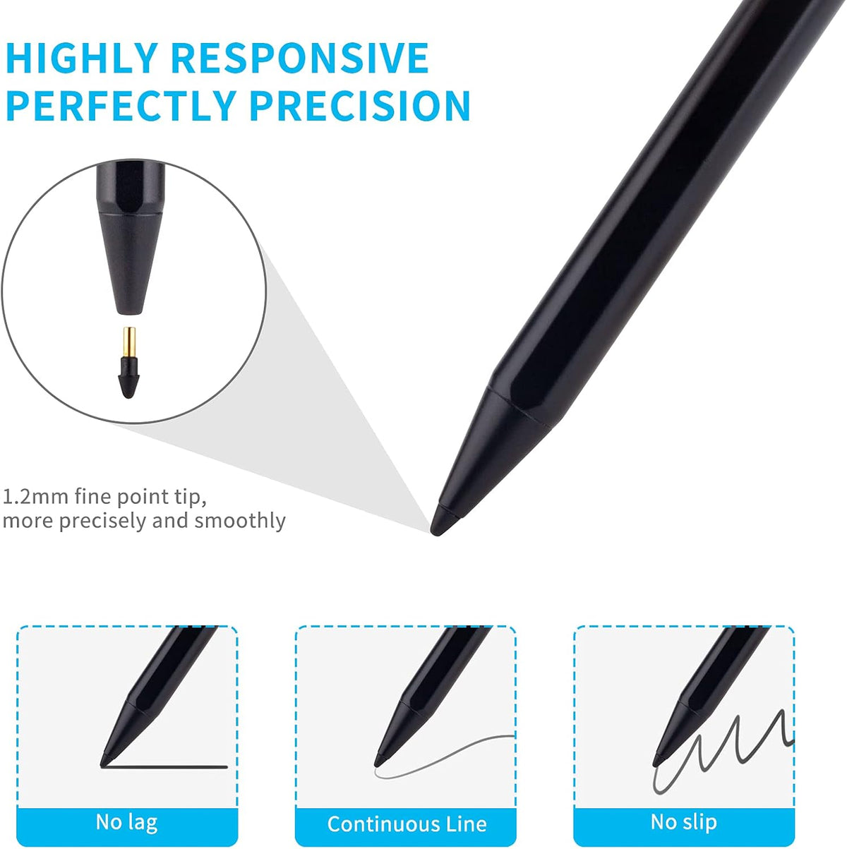Stylus Pencil for Apple iPad 10.2" 6th-11th Gen - Active Touch Pen with 1.5mm Fine Tip, Black