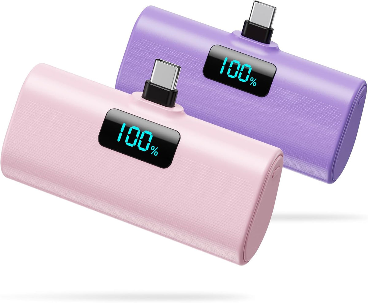 [2-Pack] Small Portable Charger 5200mAh, Upgraded PD USB C Power Bank with Built-in USB-C Connector, LCD Display,