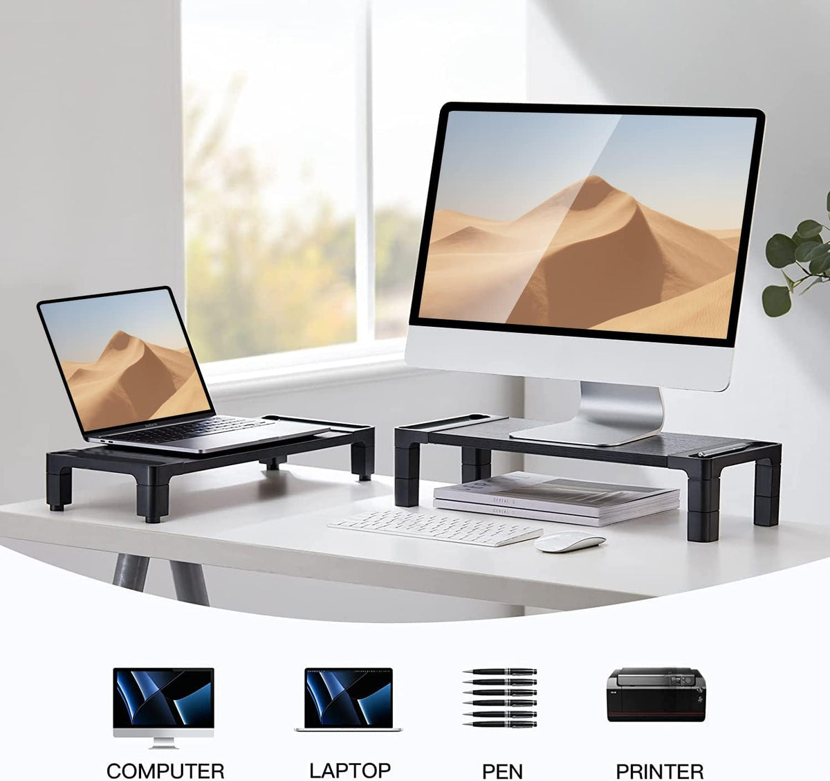 HUANUO Monitor Stand Computer Riser, Monitor Stand for Desk with Adjustable Height and 2 Platforms, Ergonomic Computer Riser, Monitor Riser for Laptops and Monitors, HNMS04