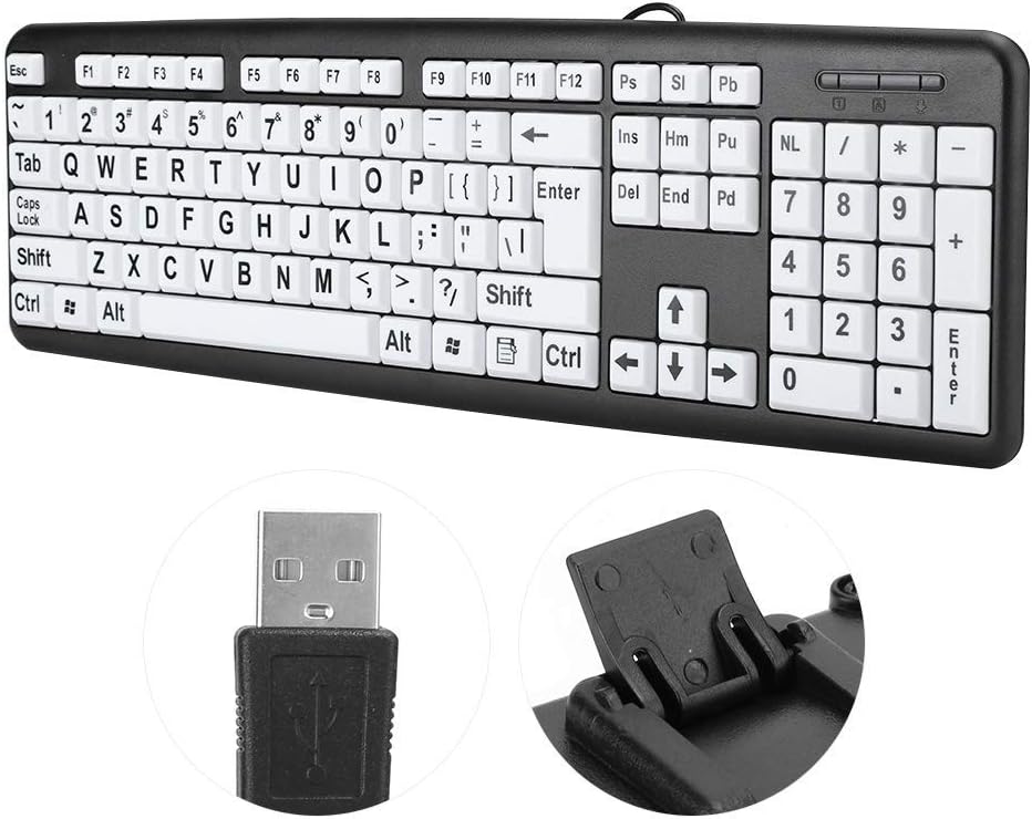 Black USB Wired Computer Keyboard, Low Vision Keyboard with White Large Print Keys