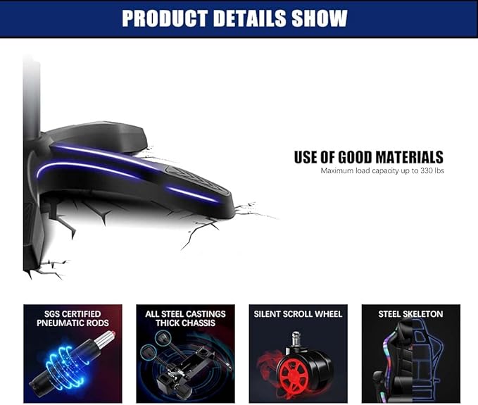 Video Gaming Chair with Speaker and RBG LightErgonomic Gaming Chair with Footrest and Massage Function90°-135° Comfortable Computer Reclining ChairAdults Teens Computer Chair.Red