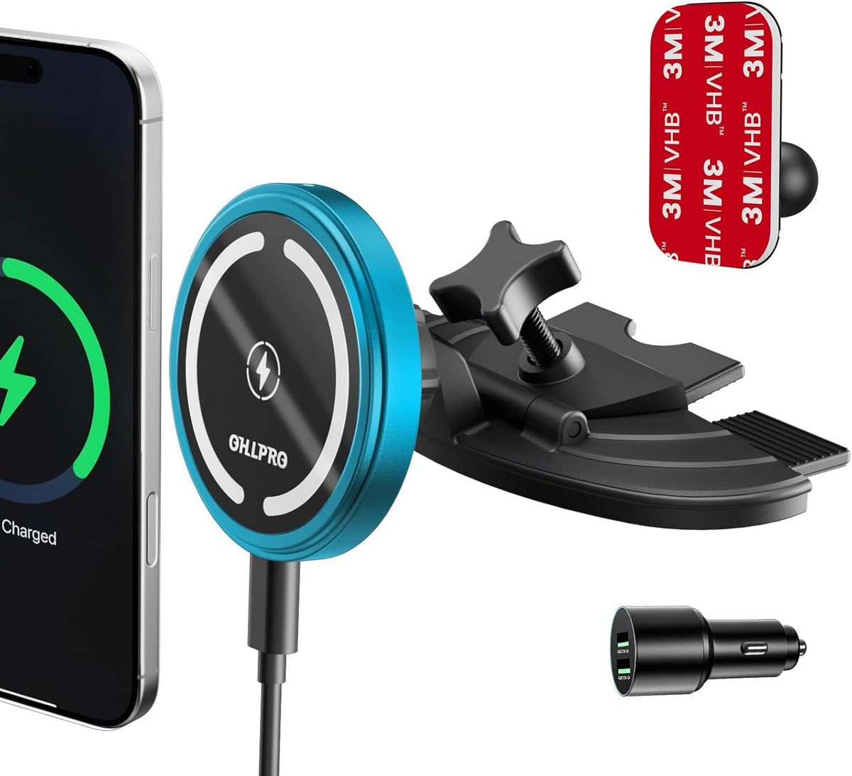 OHLPRO 15W Mag Car Mount Charger for iPhone 16, Fast Wireless Charging Magnetic CD Slot Holder with 3M Adhesive Base for Dashboard, Aluminum Shell, Compatible with iPhone 16/15/14 Pro Max, Blue
