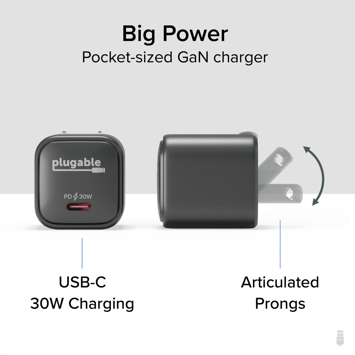 Plugable 30W USB-C GaN Charger - MagSafe-Compatible, Fast Charging for iPhone, iPad, Galaxy & USB-C Devices - IT Deployment, Business Travel & Remote