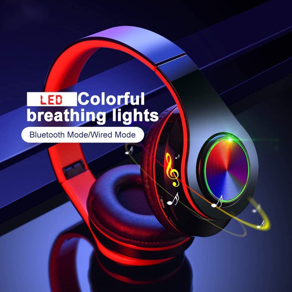 Bluetooth Over Ear Headphones with Deep Bass, LED Foldable Stereo, Wired and Wireless Headset for Smart Phone/TV/PC