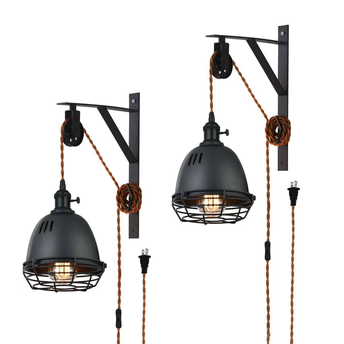 SEEBLEN Vintage Design Industrial Wheel Farmhouse Wall Mount Set of 2,Pulley Wall Pendant Lamp with 7-Foot Brown Plug and Switch, Adjustable Wall