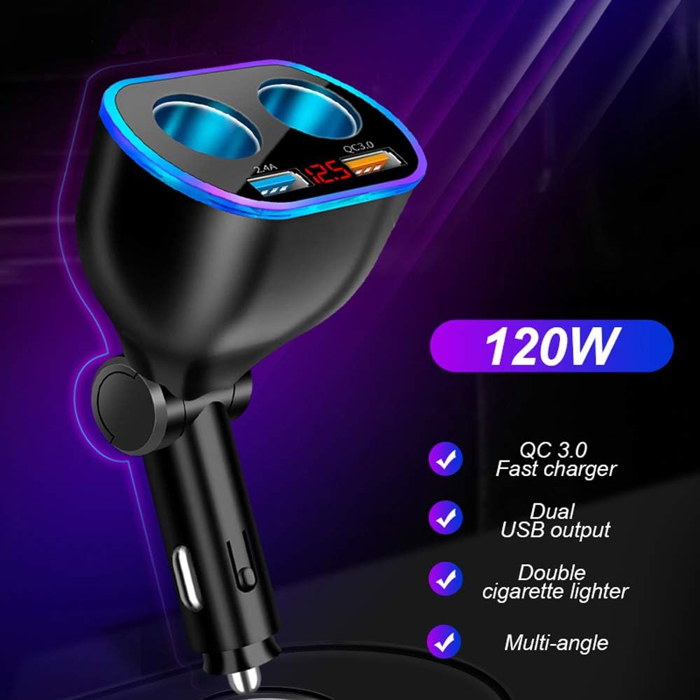 Car Charger Cigarette Lighter Splitter Adapter, 120W QC3.0 Dual USB Fast Charging for Phone, Tablets, GPS