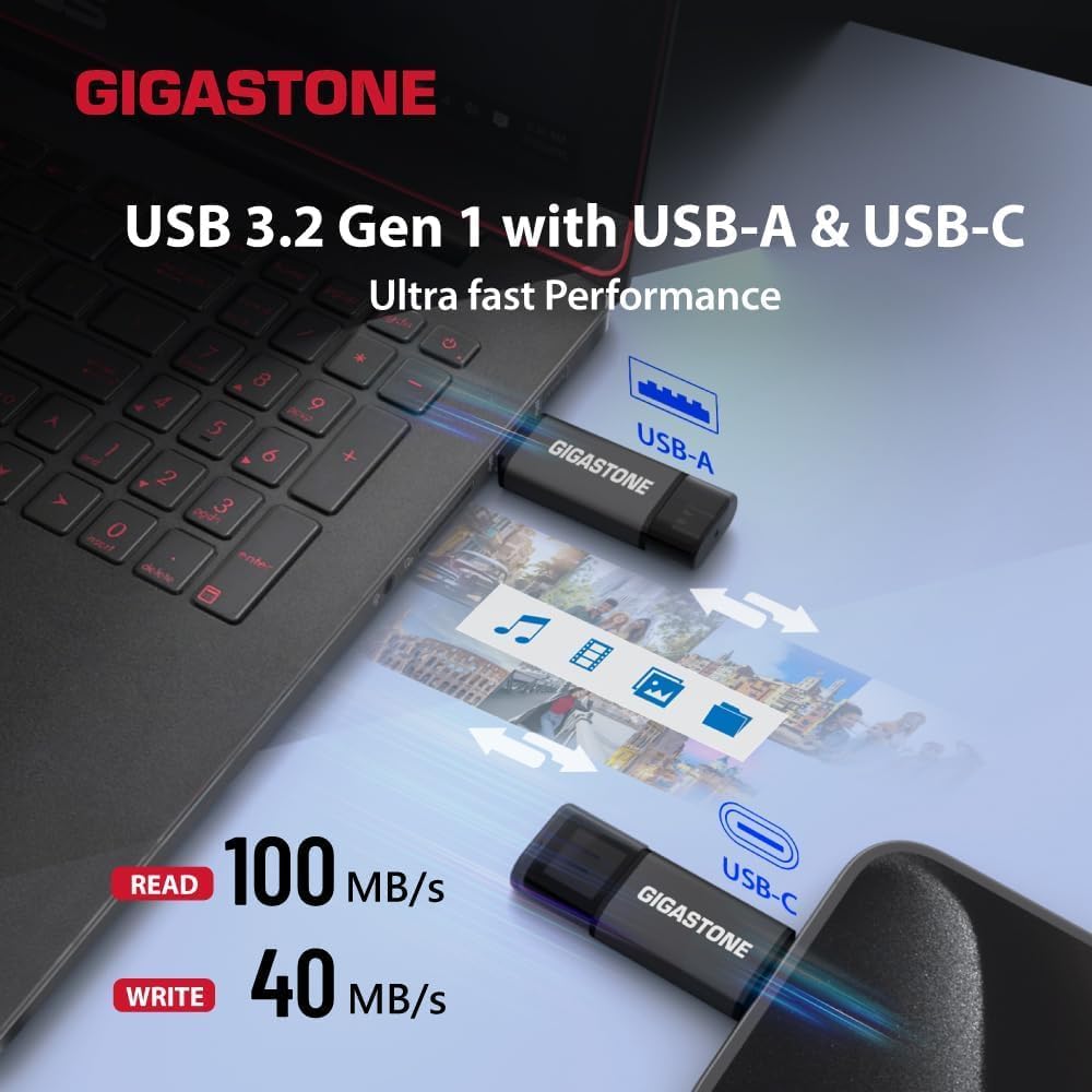 GIGASTONE 128GB Dual Flash Drive (5 Pack) Z40 USB 3.2 Gen 1, 2-in-1 Type-A & Type-C, 100MB/s Ultra Fast, Head Cap Design, Plug & Play for Smartphone/PC/Mac/TV/Car Audio, USB 2.0/3.0/3.1 Compatible