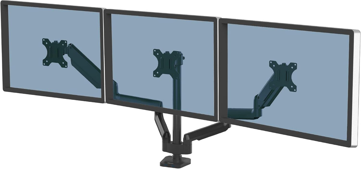 Fellowes Platinum Series Triple Monitor Arm for 27-Inch Monitors, Full Motion, 360° Rotation, VESA Mount with Grommet or Clamp, USB Ports, Ergonomic, Black, 8042601