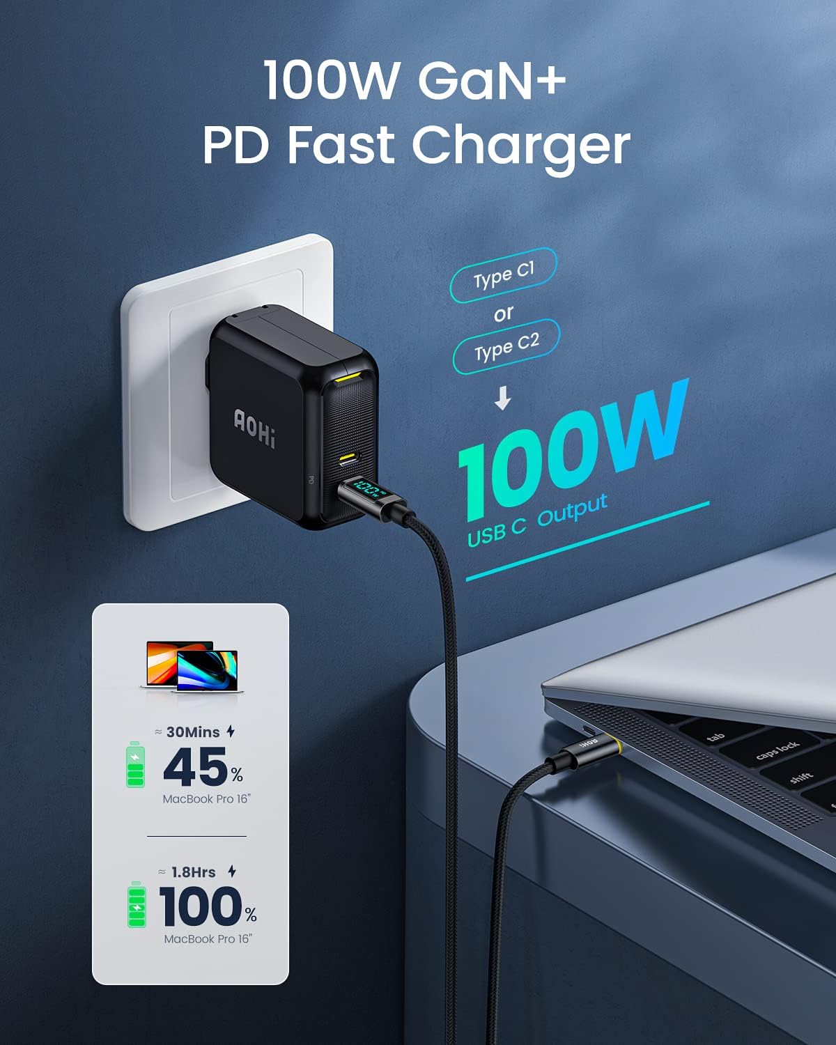 AOHI 100W USB C Charger GaN+, 2 Port Type C PD Wall Charger Foldable Power Adapter with 4ft USB C LED Display Cable for MacBook Pro/Air, iPad Pro, iPhone 15/14/13/12, Galaxy, Laptops, Black
