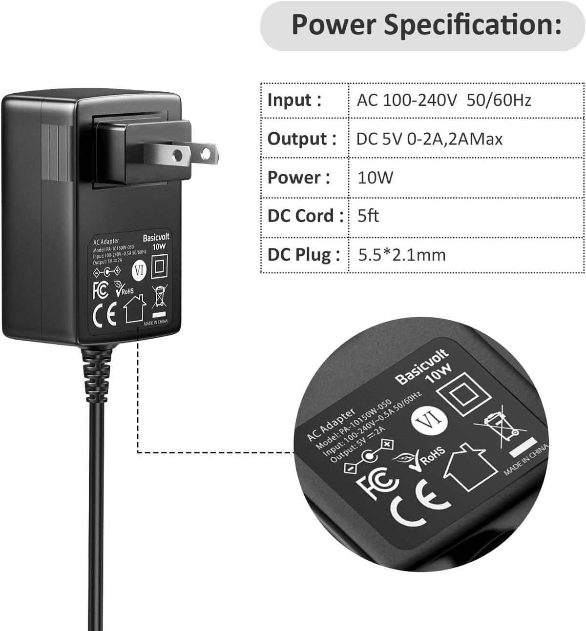 Basicvolt 5V 2A AC Adapter, Versatile Power Supply Wall Charger with 8 Tips for Camera, BT Speaker, GPS, USB Hub, TV Box
