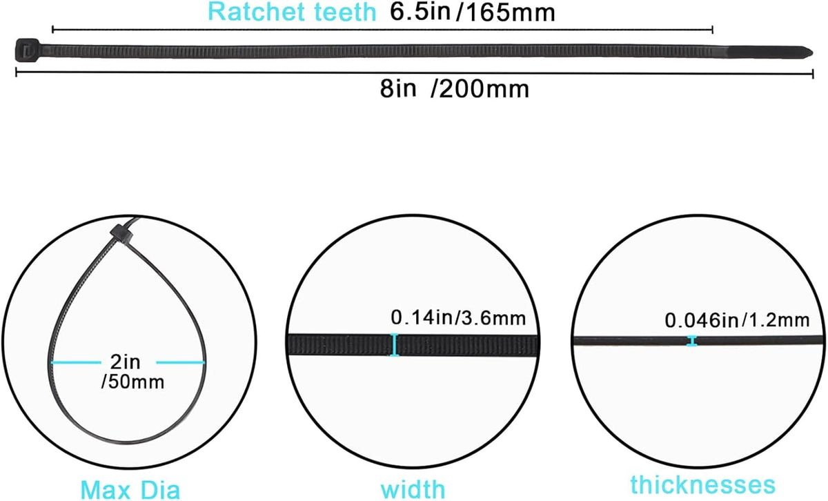 200 Pack Bulk KOOWIN Medium Nylon Plastic Cable Zip Ties, 8 inch Wire Wraps in Black