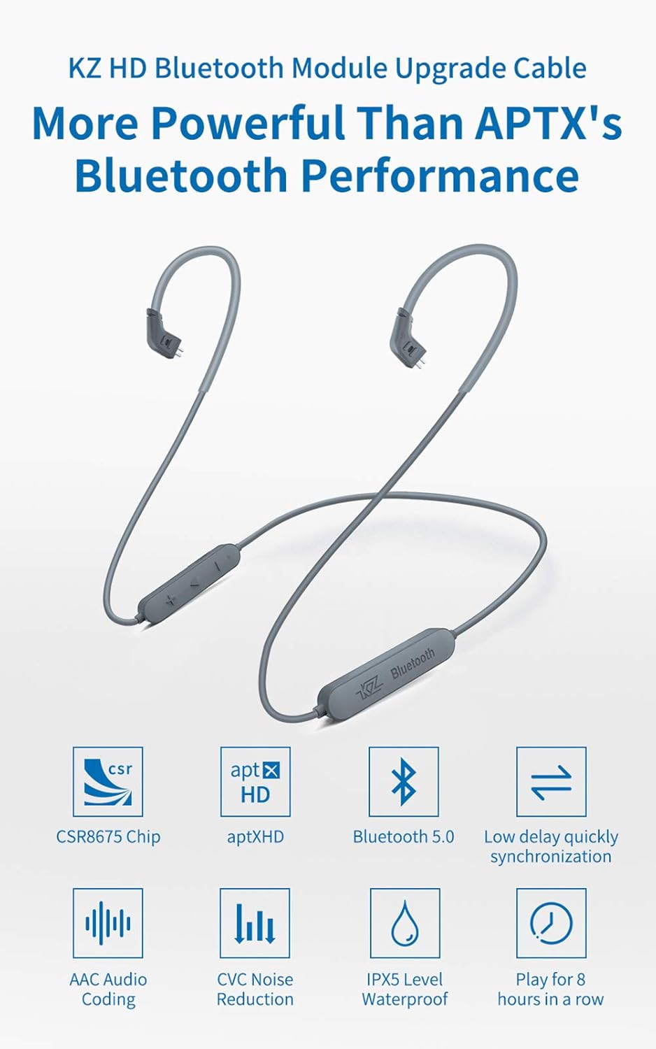 erjigo KZ HD Bluetooth Headphone/Earphone - Wireless Cable with Microphone Replacement for (B PIN)