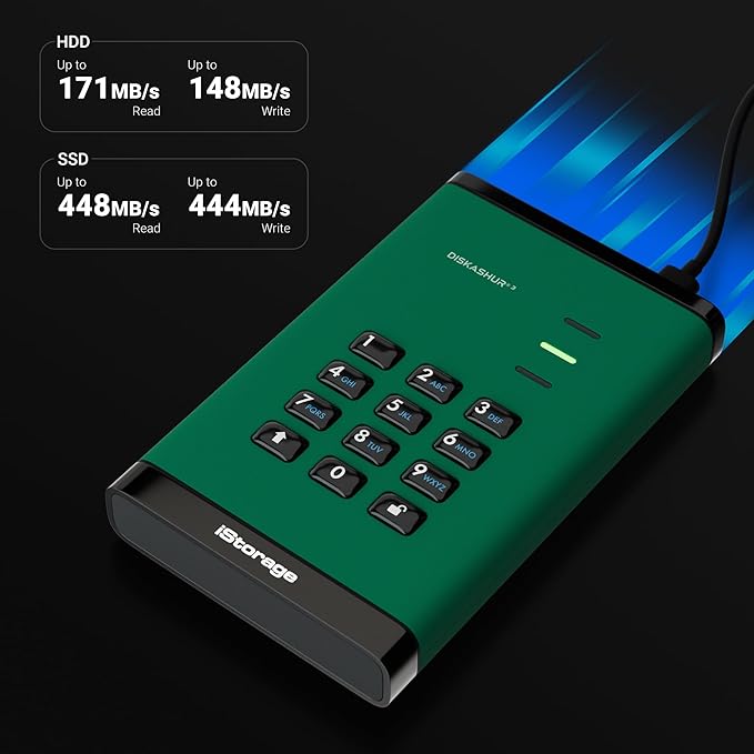 iStorage diskAshur3 SSD 2TB Green - Secure Portable Solid State Drive - Password Protected - Dust &amp Water Resistant - Hardware Encryption