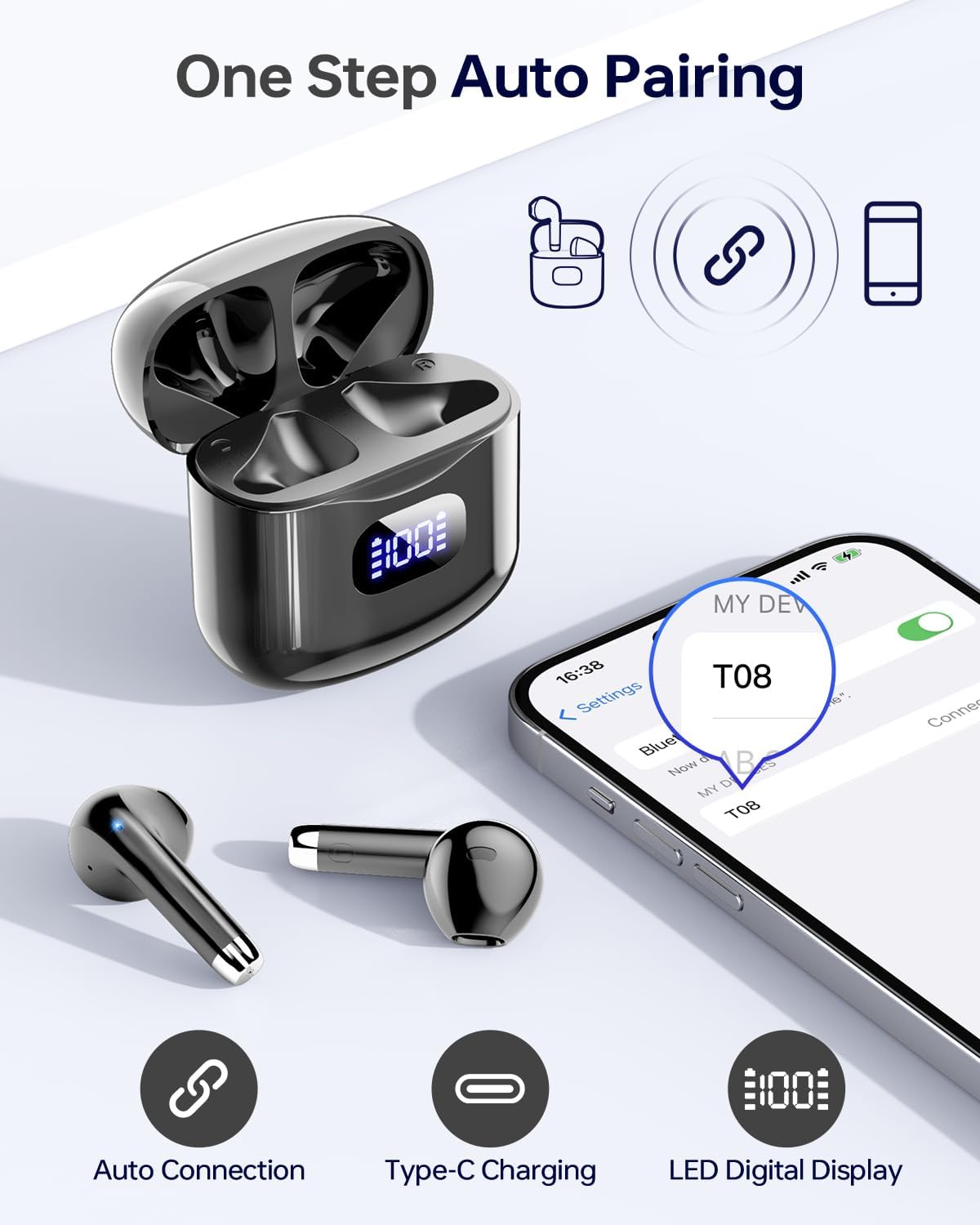 Wireless Earbuds Bluetooth 5.3 Ear Buds, Bluetooth Headphones with LED Display Charging Case, 40Hrs Playtime Stereo Sound, IPX7 Waterproof in-Ear Earphones with Mic for Phone Tablet Sports, Charcoal