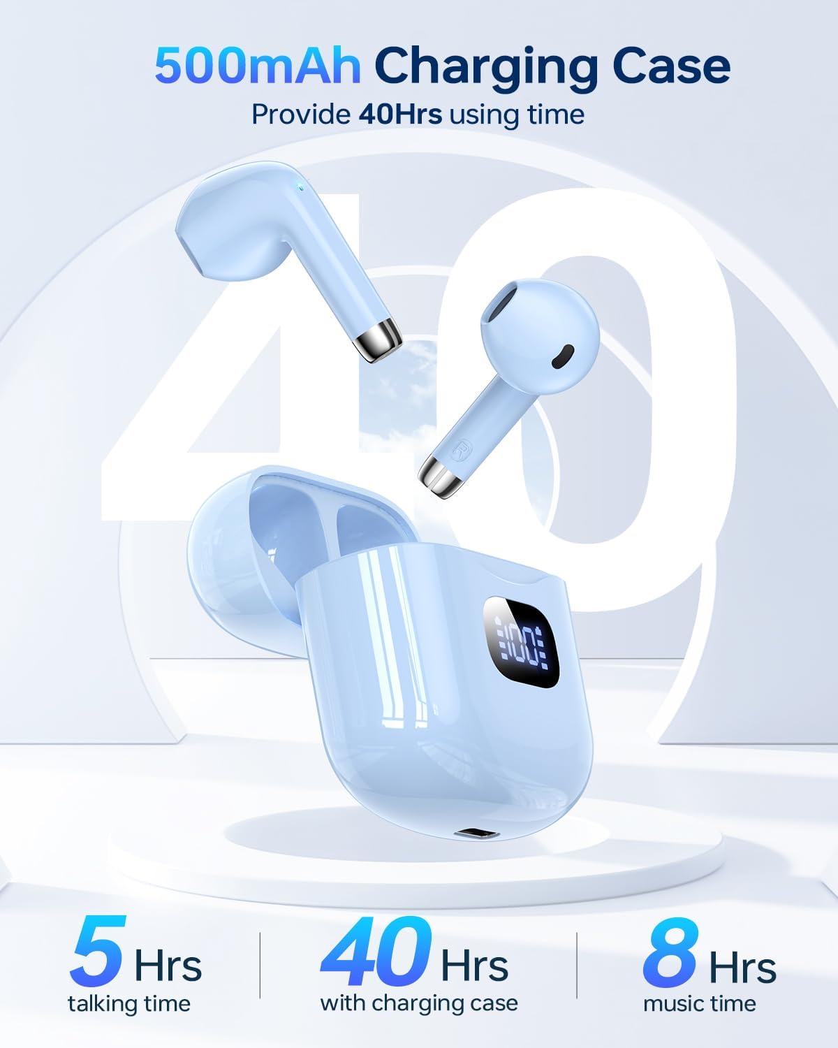 Wireless Earbuds Bluetooth 5.3 Headphones, 40Hrs Playback Stereo Ear Buds with LED Display Charging Case IPX7 Waterproof in-Ear Earphones with Mic for Phone Tablet Laptop Sports, Blue