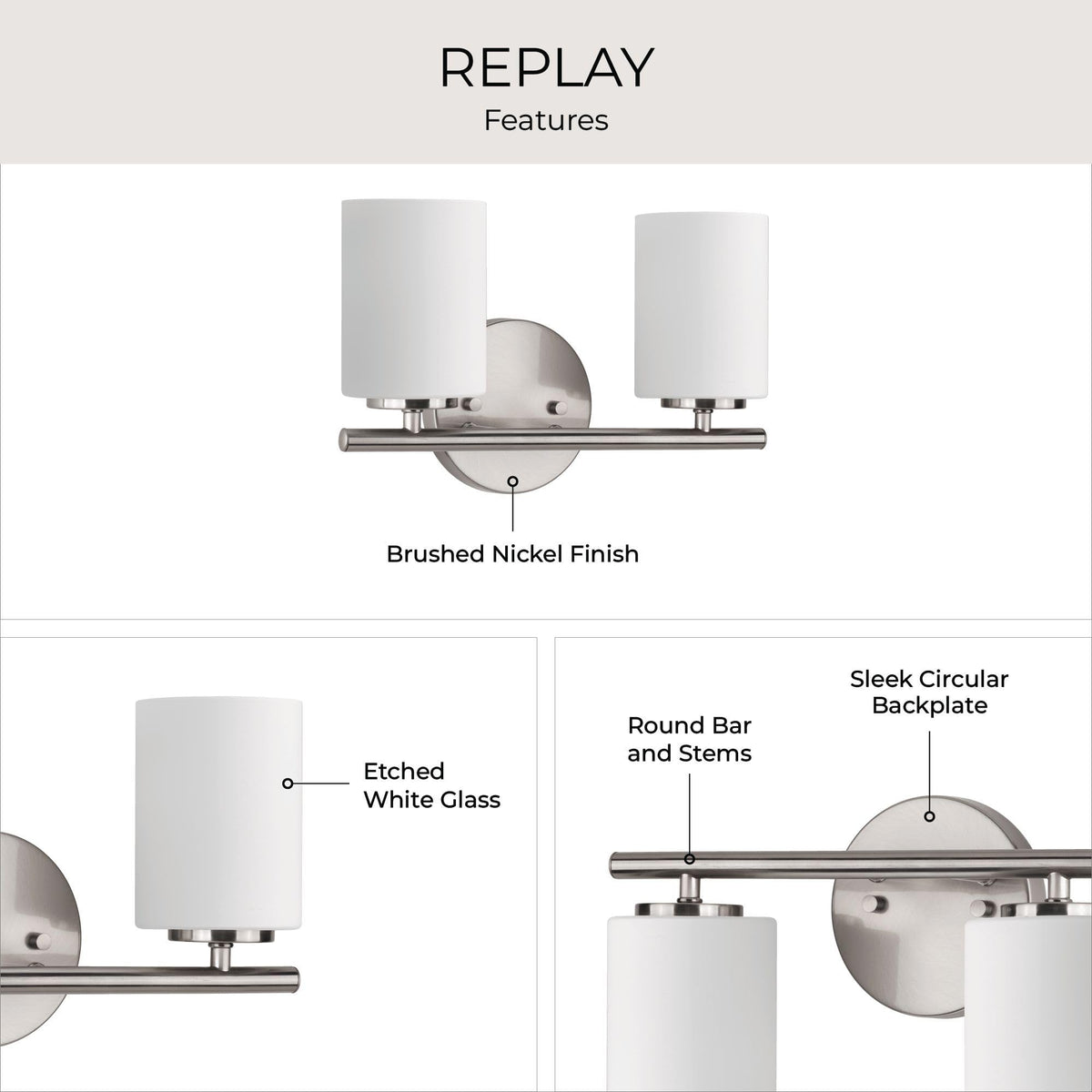 Replay Collection 2-Light Etched White Glass Modern Bath Vanity Light Brushed Nickel