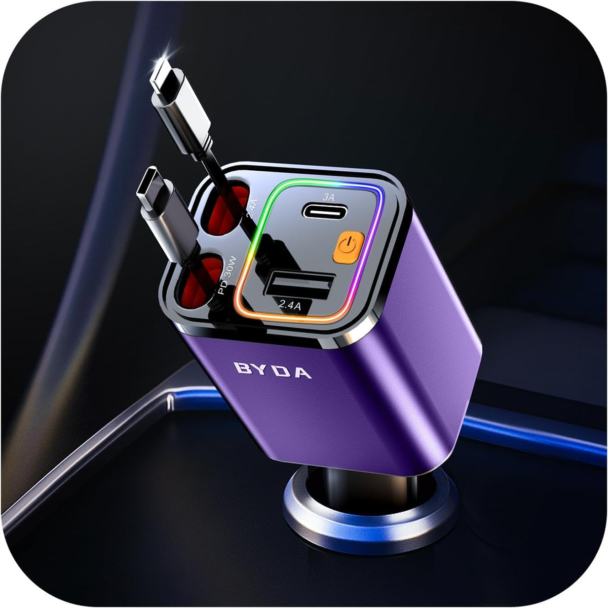 [2025 Mirco-Version] 4 in 1 Retractable Car Charger,69W Car Charger USB C,Cigarette Lighter Adapter,Fast Charging for iPhone 16e/16/15/14,13,Android (Purple, for Lightning+USB-C)