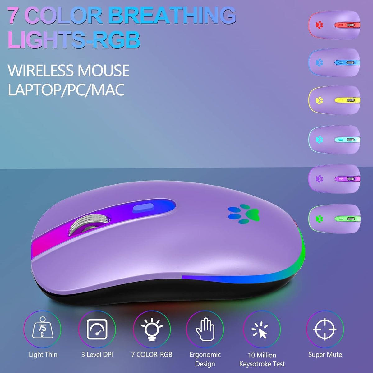 FUWANG Wireless Mouse, Rechargeable LED Bluetooth Mouse, Portable USB Optical 2.4G Wireless Computer Mice (Purple)