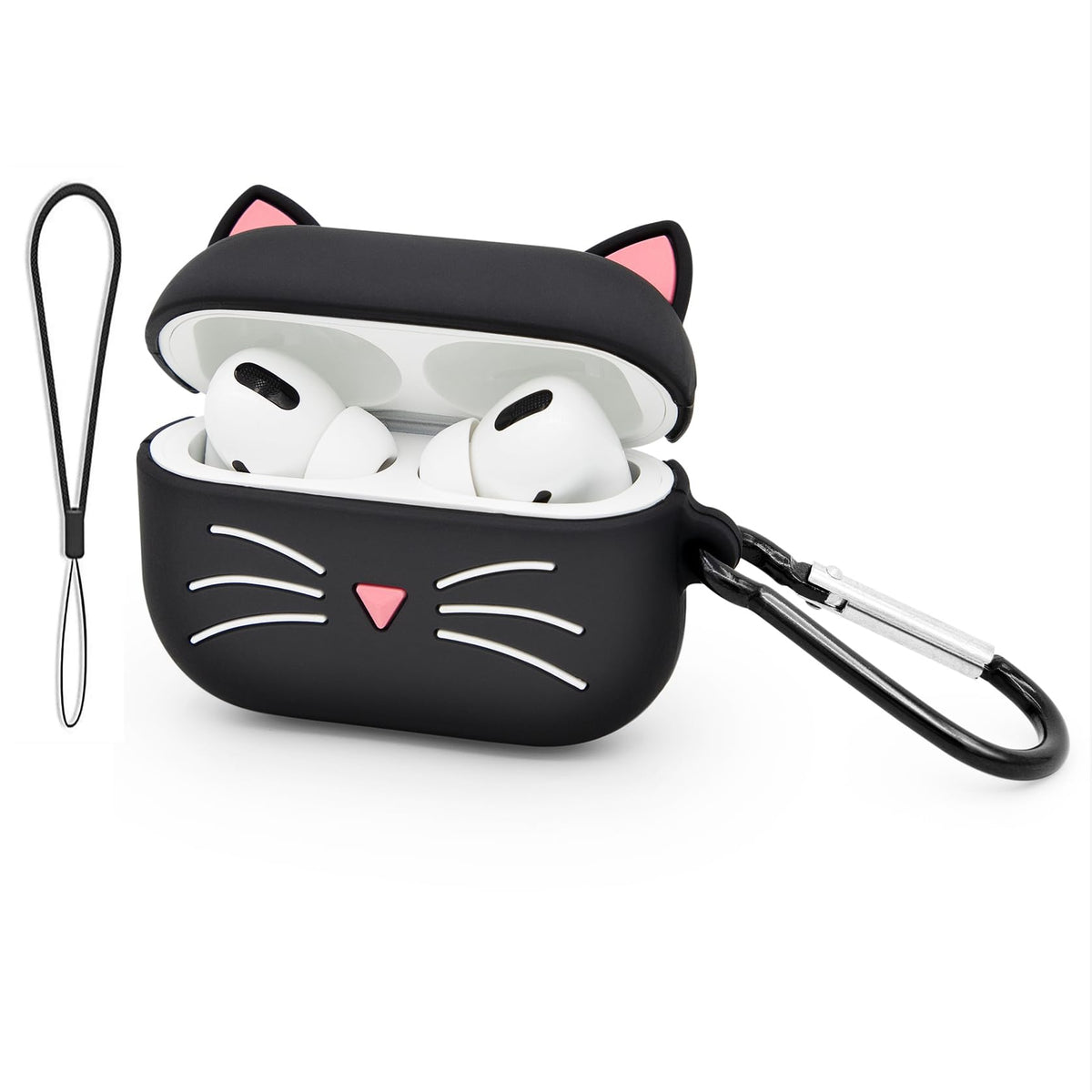 YONOCOSTA Cute Airpods Pro Case, Black Whisker Cat Kitty Airpods Pro 2 Case, Funny 3D Cartoon Animals Shockproof Soft Silicone Charging Cover