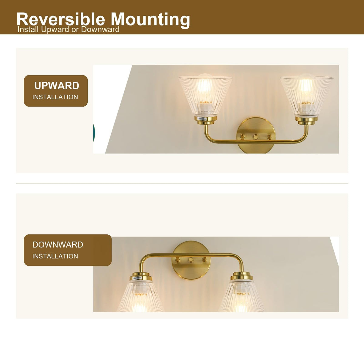 Prosaiet Bathroom Vanity Light, Brushed Gold 2-Light Bathroom Light Fixtures Over Mirror, Clear Ribbed Glass Shades, E26 Wall Sconce Lighting