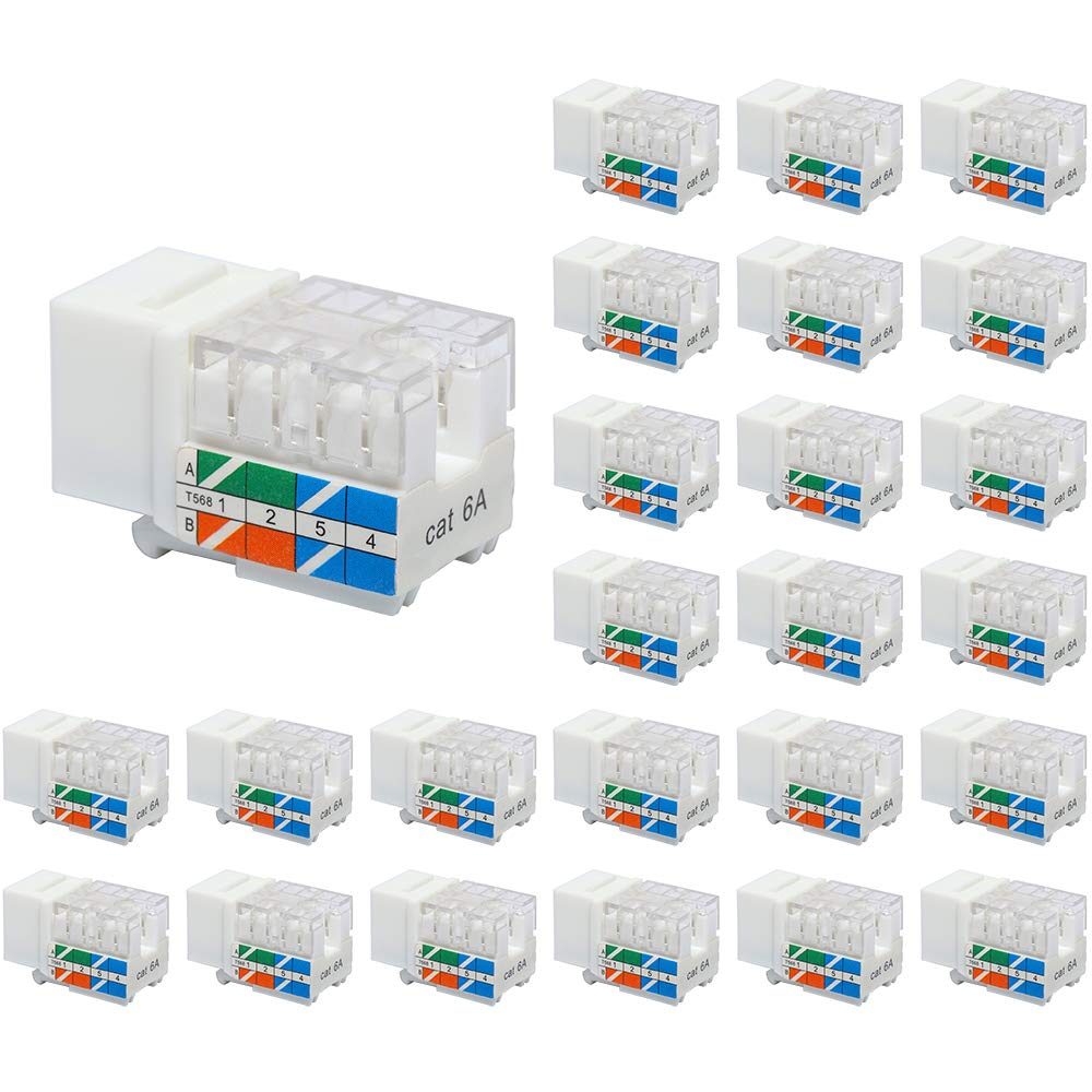 VCE RJ45 Cat6A Keystone Jack UL Listed 25-Pack, 10 Gbps Slim Profile Modular Ethernet Jacks Insert 110-Type UTP 90-Degree, White