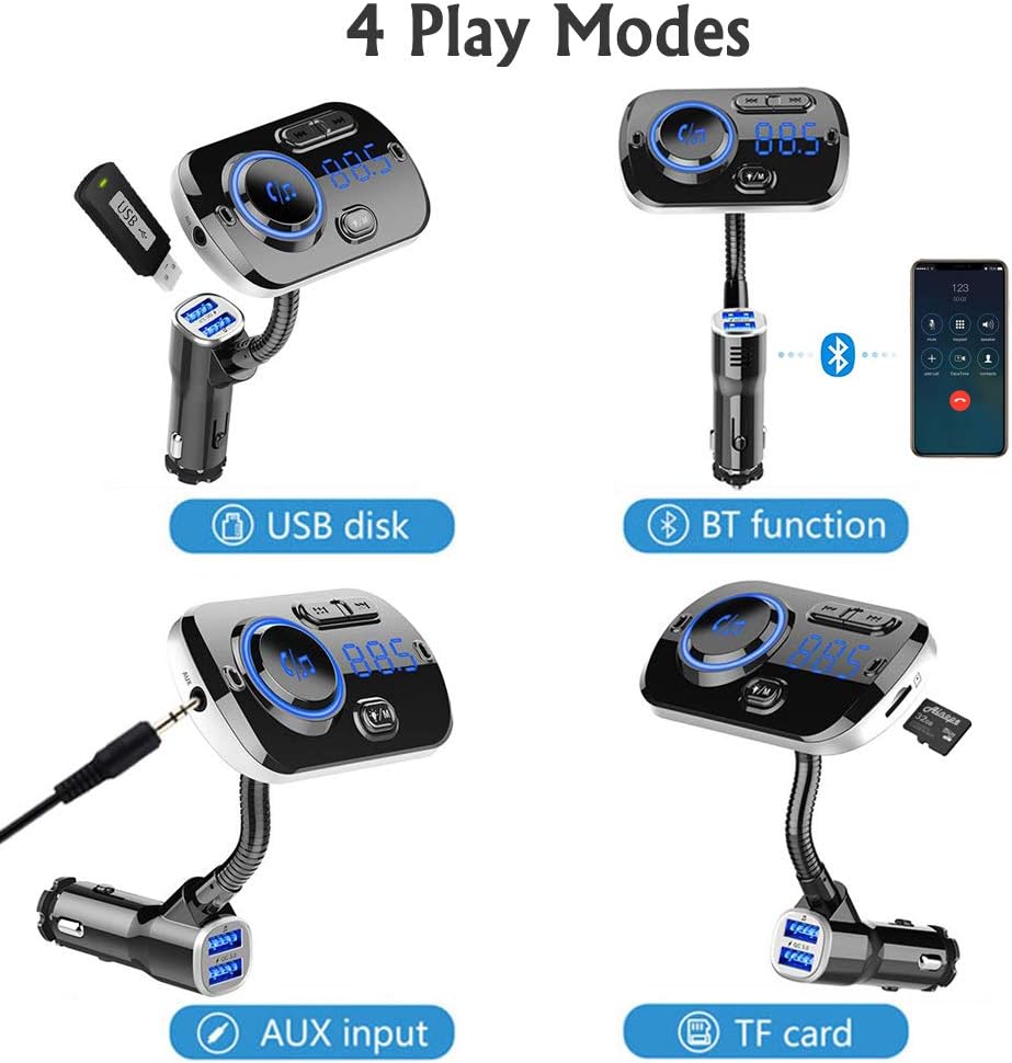 Bluetooth 5.0 FM Transmitter for Car, Wireless FM Radio Adapter with Dual USB Ports