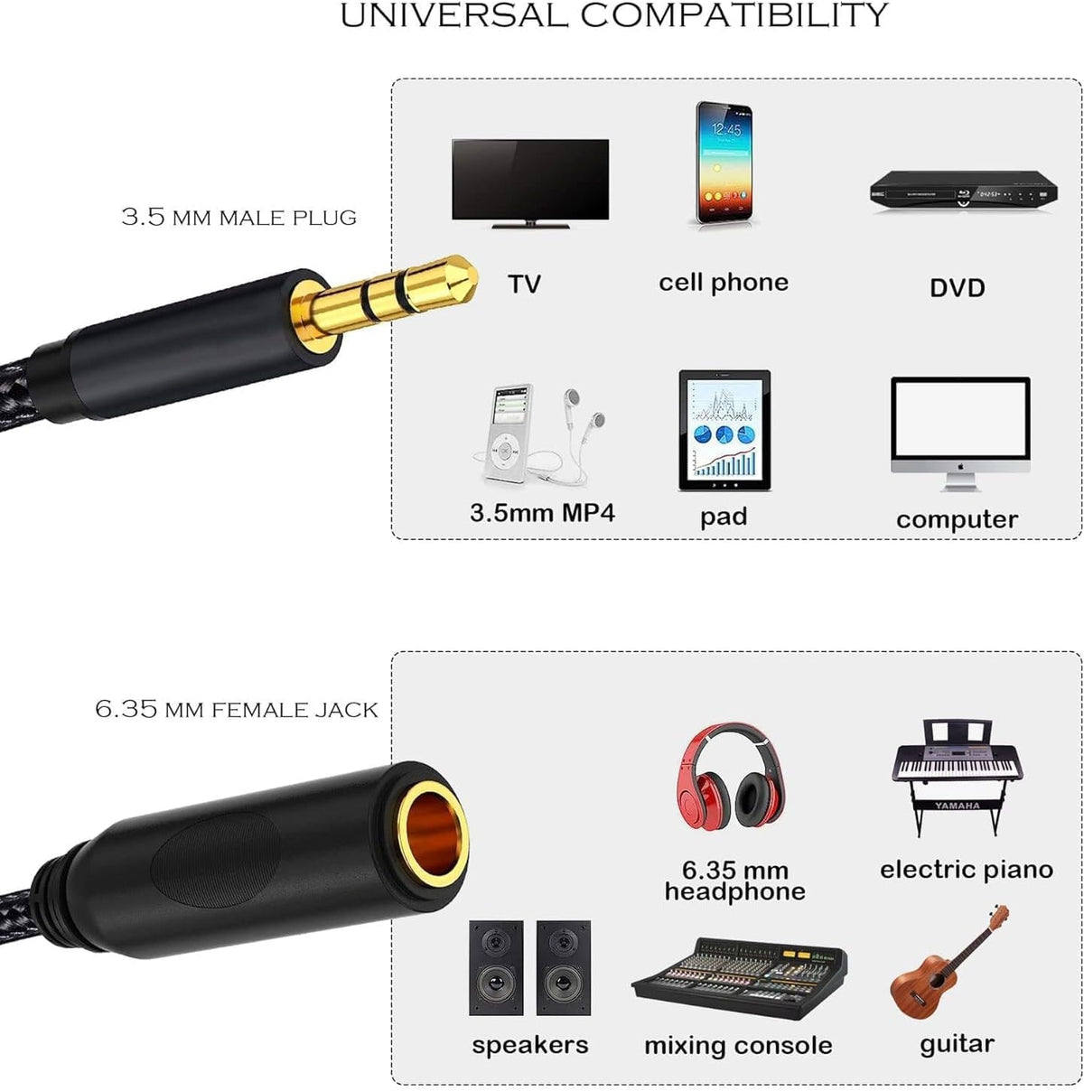 1/4 to 3.5mm Adapter, TRS 6.35mm Female to 3.5mm Male Headphone Adapter, 1/4" Female to 1/8" Male Stereo Audio Cable Adapter for Headphones, Amplifiers, Guitar, Amp - 1 ft