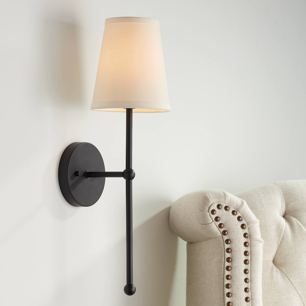 Possini Euro Design Elena Modern Wall Light Sconce Matte Black Metal Hardwired 6" Fixture Cream Linen Tall Drum Shade for Bedroom Bedside Living Room