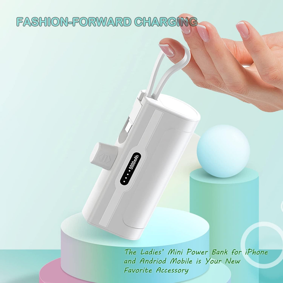 Portable Mini Power Bank Charger for iPhone (Direct Plugin) and USB C Android Device, 4800mAh Emergency Charge
