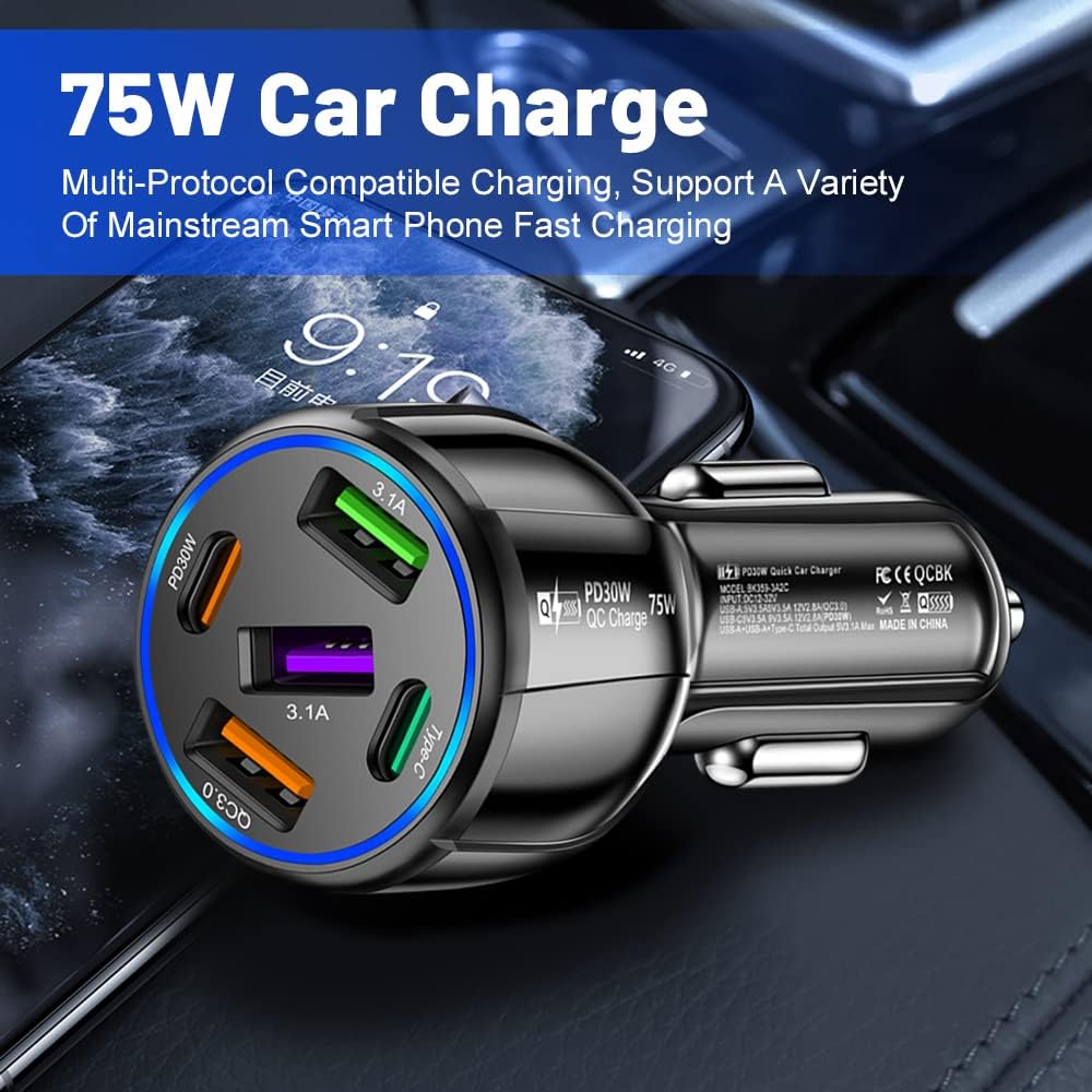 75W USB C Car Charger, 5-Port Adapter, PD & QC3.0 Fast Charging Cigarette Lighter USB Charger for iPhone/Android/Samsung