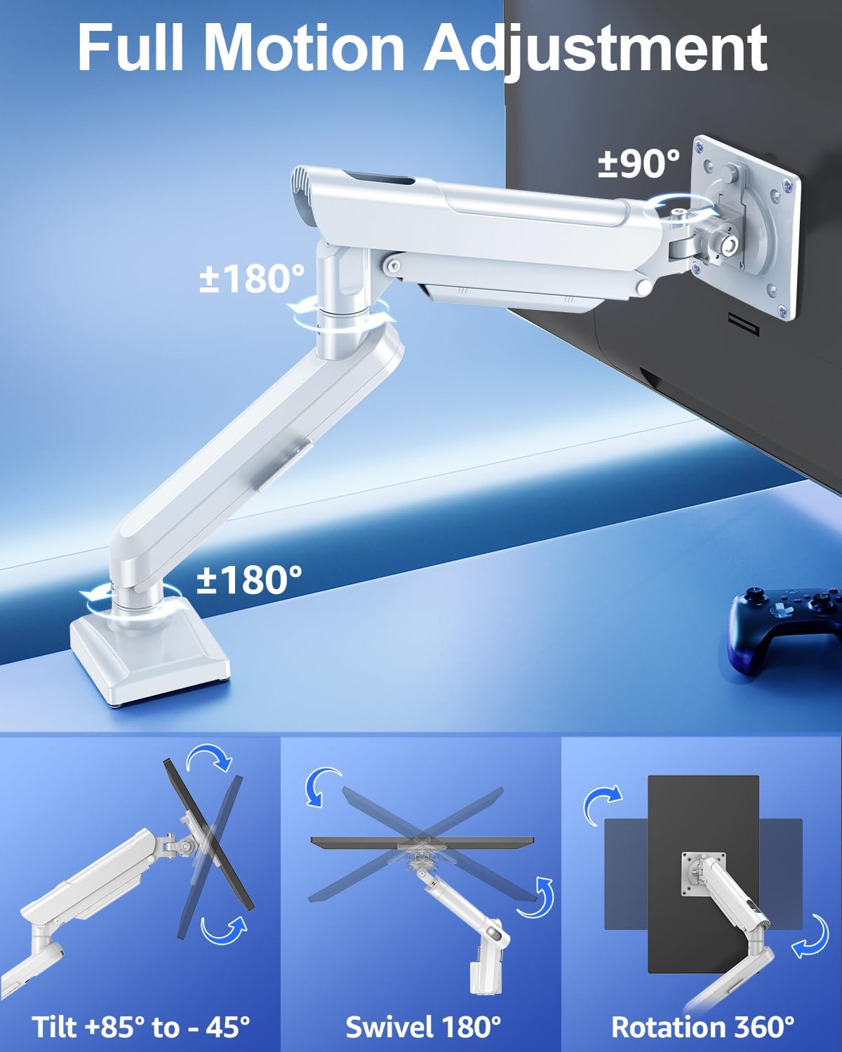 Single Monitor Mount for 22 24 27 32 inch Screen, Gas Spring Arm Holds 4.4-22 lbs, Monitor Desk Mount, Gaming & Home Office Use, VESA 75x75mm & 100x100mm, Freelift Pro White