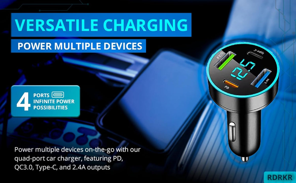 66W Car Charger, 4-Port Cigarette Lighter USB Charger, 2 * USB 2.4 + PD + Type C Adapter with Voltmeter, Compatible