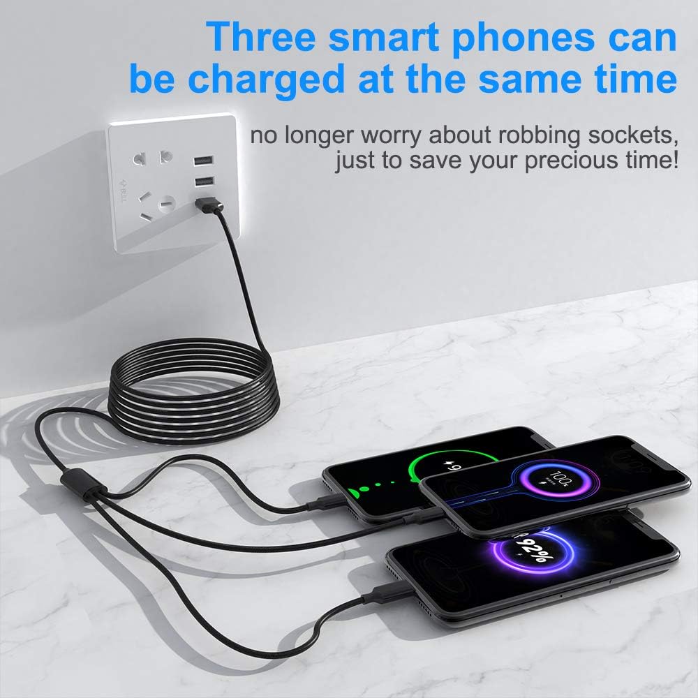 Multi 3 in 1 USB Long Charging Cable 1.8M/5.9Ft Nylon Braided Universal Cord USB C/Micro USB/Lightning Adapter (Black)