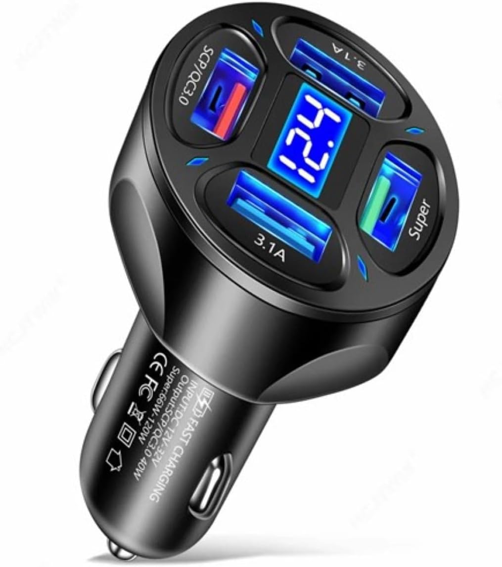 66W 4 Ports USB Cigarette Lighter Adapter, Fast Charging Adapter with Voltage Monitor LED Display, Compatible with