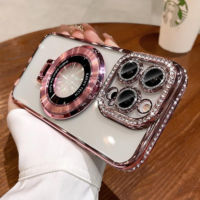 Magnetic Kickstand (Glitter Lens Protector ) Case for IPhone 15 14 13 12 Pro Max (Compatible with Magsafe ) Sparkling Diamond Cover Glitter Shiny Rhinestone Cases (Pink,for iPhone 13)