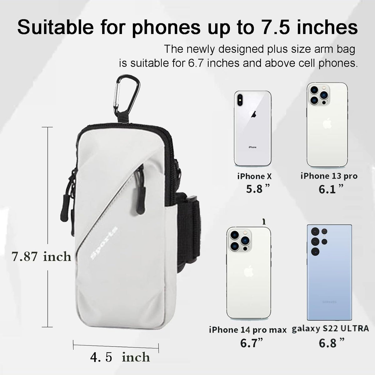 Phone Holder Arm Bands, Small Crossbody Shoulder Holsters Bag with Arm Band, Fits iPhone and All Cell Phones, Use for Running, Walking, Hiking & Biking (Plus Size,Grayish White)