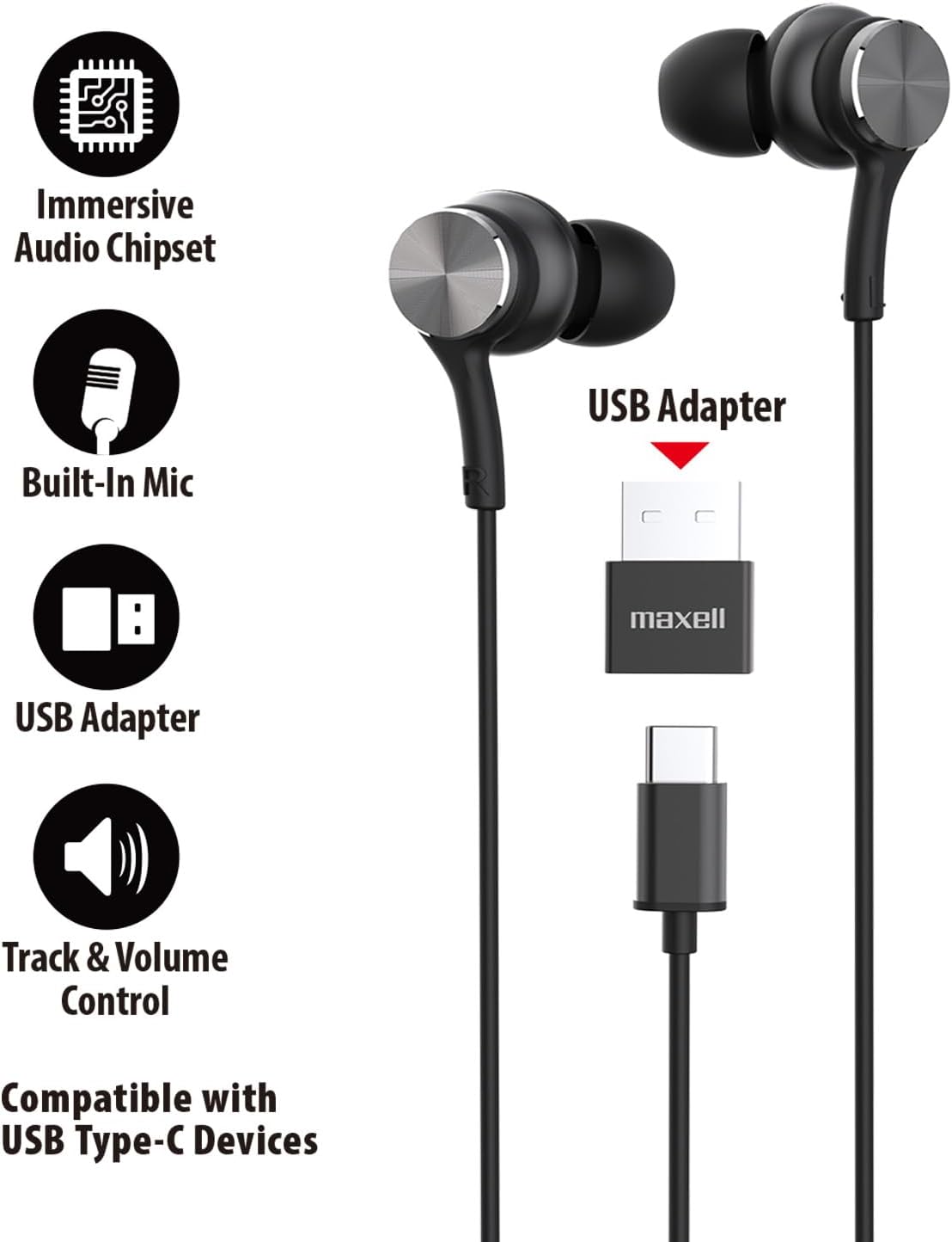 Immersive Chipset, 197299 Maxell USB-C Wired Earbuds with USB-A Adapter, Built-in Microphone with Volume and Track