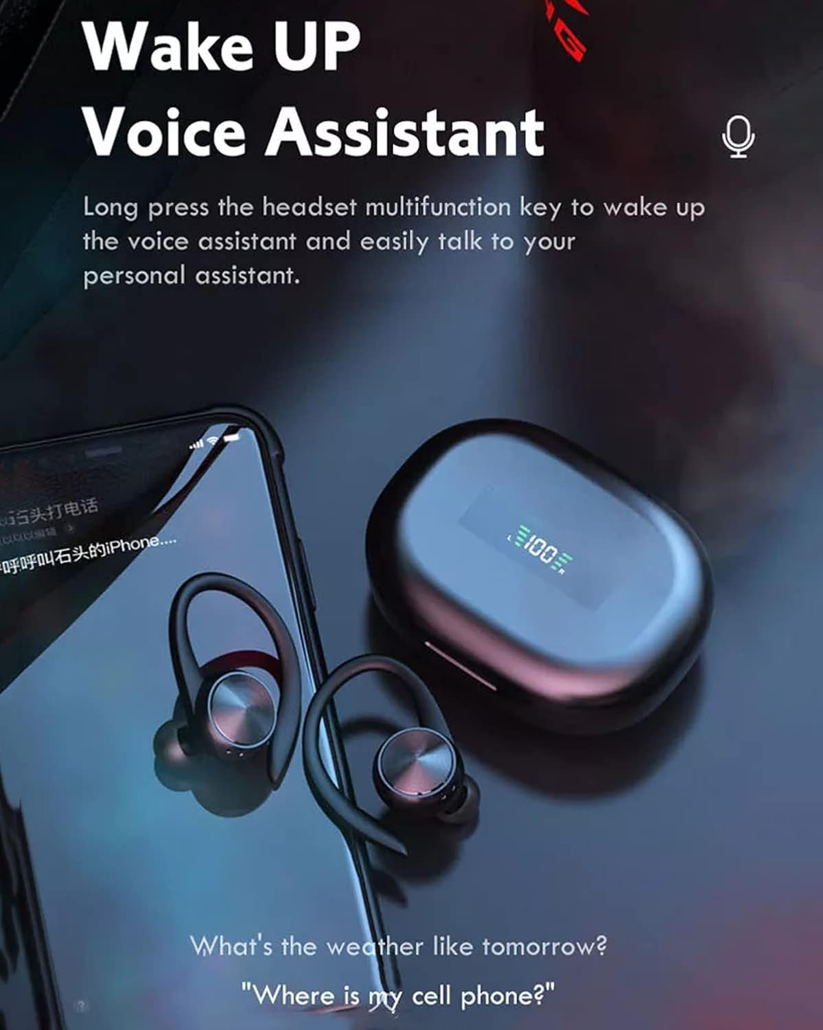 Wireless Earbuds with Earhooks, Bluetooth Sport Waterproof Headphones with Noise Cancelling and Microphone