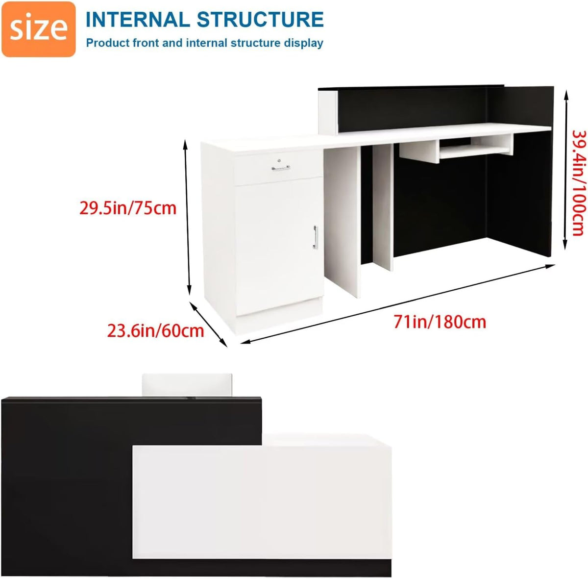 Reception Desk with Counter Modern Checkout Counter with Lockable Drawer Keyboard Tray Receptionist Desk for Office Salon Reception Table L Right 71inch/180cm