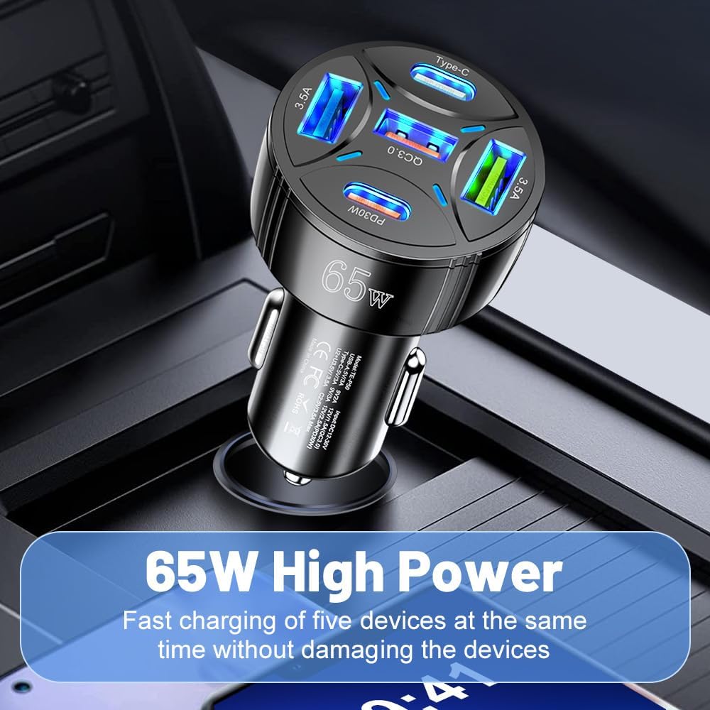 65W USB C Car Charger, PD30W & QC3.0 Fast Charging Cigarette Lighter Plug Adapter for iPhone/Android/Samsung