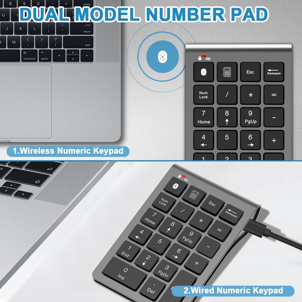 Bluetooth Number Pad Wireless & Wired 10 Key USB Keypad, Rechargeable Numpad for Laptops, Desktop, Computers