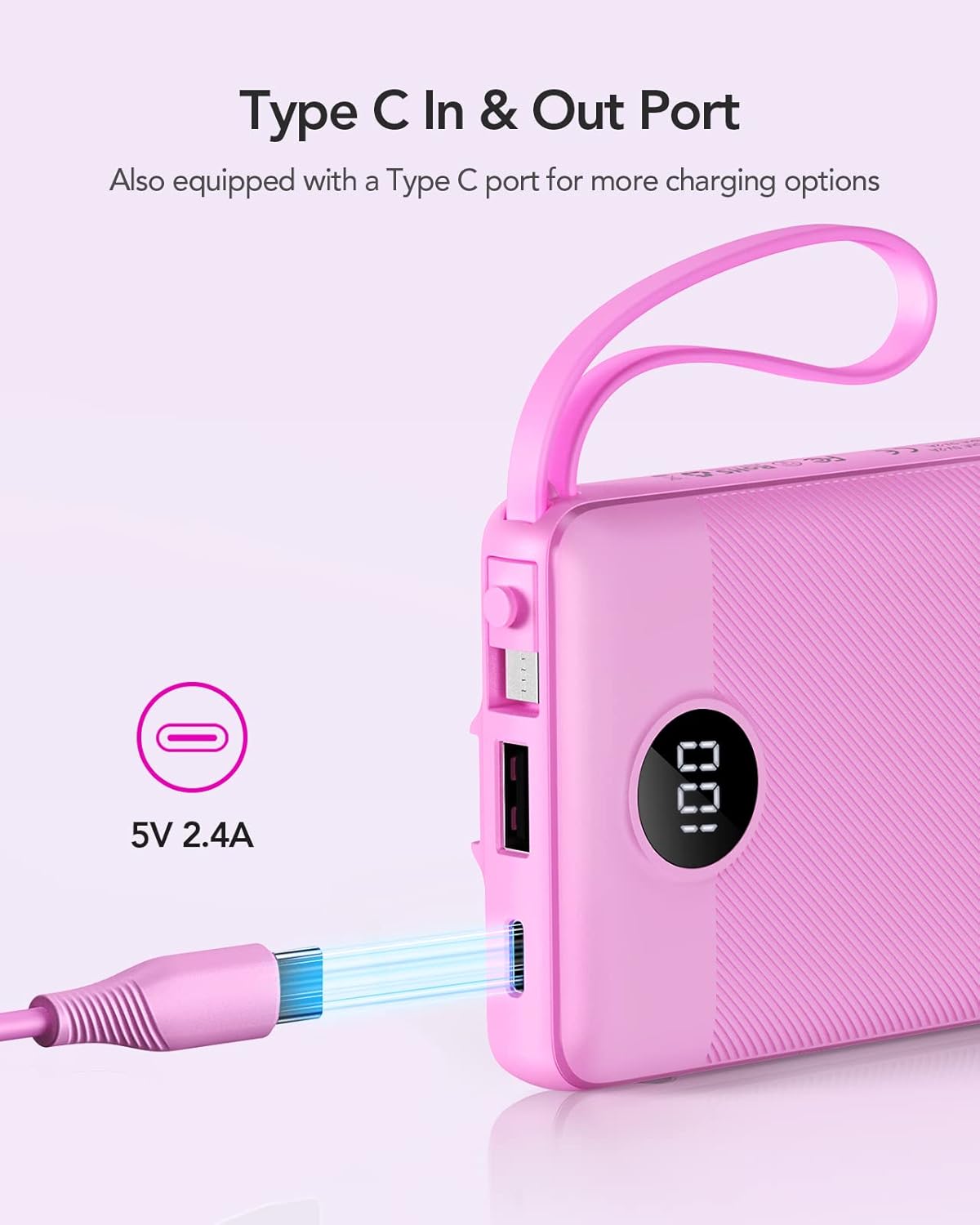 VRURC Portable Charger 10000mAh, Travel Essentials Battery Pack, 5 Output 2 Input Power Bank, Built-in Micro & USB C Cables Phone Charger Compatible with iPhone,Samsung,Android-Purple(1 Pack)